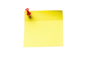 Bright yellow sticky note pinned with a red pushpin on a dark surface transparent background