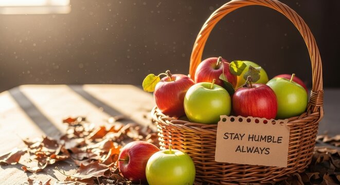 A wicker basket filled with fresh red and green apples in autumn