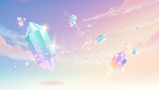 Ethereal floating crystals in a pastel gradient sky with soft light and sparkling particles creating a magical and dreamy fantasy background