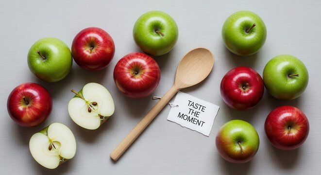 Apples and wooden spoon on a gray surface with label