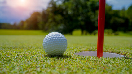 Golf ball is on a green lawn in a beautiful golf course with morning sunshine.