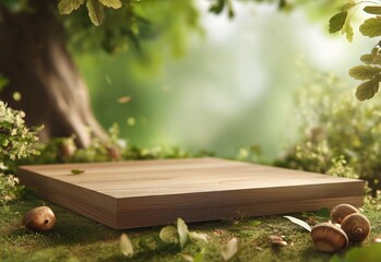 A modern, minimalist green podium stands elegantly on a lush, grassy platform surrounded by vibrant tropical plants and foliage. Sunlight pours in through tall windows, creating a serene, jungle-inspi