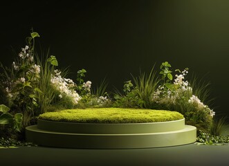 A modern, minimalist green podium stands elegantly on a lush, grassy platform surrounded by vibrant tropical plants and foliage. Sunlight pours in through tall windows, creating a serene, jungle-inspi