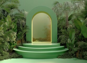 A modern, minimalist green podium stands elegantly on a lush, grassy platform surrounded by vibrant tropical plants and foliage. Sunlight pours in through tall windows, creating a serene, jungle-inspi