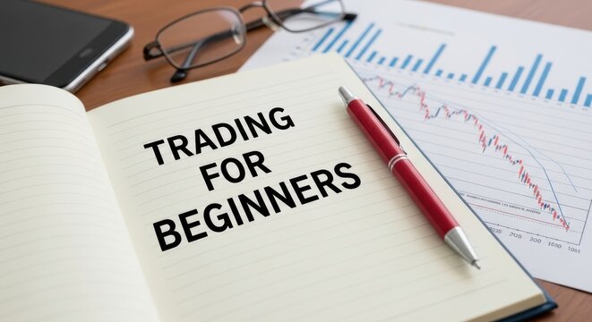 Close up view of notebook and pen on trading for beginners book