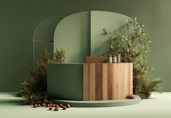 A modern, minimalist green podium stands elegantly on a lush, grassy platform surrounded by vibrant tropical plants and foliage. Sunlight pours in through tall windows, creating a serene, jungle-inspi