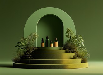 A modern, minimalist green podium stands elegantly on a lush, grassy platform surrounded by vibrant tropical plants and foliage. Sunlight pours in through tall windows, creating a serene, jungle-inspi