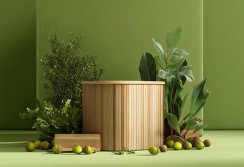 A modern, minimalist green podium stands elegantly on a lush, grassy platform surrounded by vibrant tropical plants and foliage. Sunlight pours in through tall windows, creating a serene, jungle-inspi