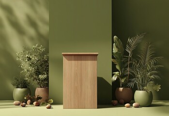 A modern, minimalist green podium stands elegantly on a lush, grassy platform surrounded by vibrant tropical plants and foliage. Sunlight pours in through tall windows, creating a serene, jungle-inspi