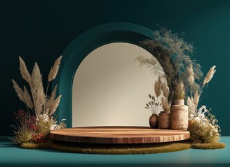 A modern, minimalist green podium stands elegantly on a lush, grassy platform surrounded by vibrant tropical plants and foliage. Sunlight pours in through tall windows, creating a serene, jungle-inspi