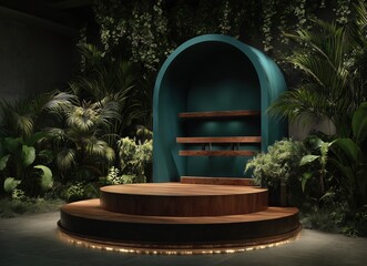 A modern, minimalist green podium stands elegantly on a lush, grassy platform surrounded by vibrant tropical plants and foliage. Sunlight pours in through tall windows, creating a serene, jungle-inspi