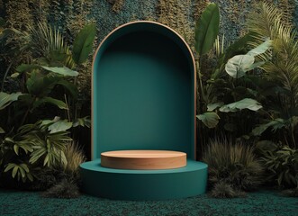 A modern, minimalist green podium stands elegantly on a lush, grassy platform surrounded by vibrant tropical plants and foliage. Sunlight pours in through tall windows, creating a serene, jungle-inspi