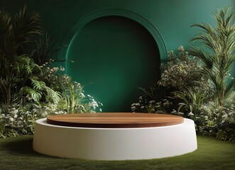 A modern, minimalist green podium stands elegantly on a lush, grassy platform surrounded by vibrant tropical plants and foliage. Sunlight pours in through tall windows, creating a serene, jungle-inspi