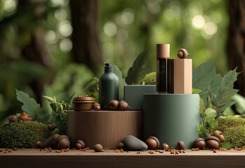 A modern, minimalist green podium stands elegantly on a lush, grassy platform surrounded by vibrant tropical plants and foliage. Sunlight pours in through tall windows, creating a serene, jungle-inspi