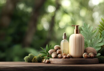 A modern, minimalist green podium stands elegantly on a lush, grassy platform surrounded by vibrant tropical plants and foliage. Sunlight pours in through tall windows, creating a serene, jungle-inspi