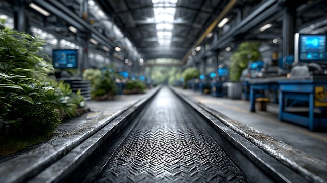 Assembly line integrated with AI-controlled conveyor belts and inspection systems, factory overview shown through augmented digital control interfaces.