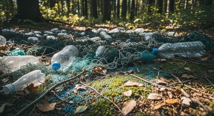 Plastic bottles and fishing nets polluting a forest environment