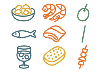 Seafood and snacks displayed in colorful illustrations for summer gatherings and casual dining moments