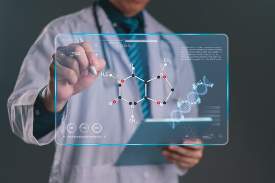 Medical technology, doctor analyzing chemical structure virtual screen using digital tablet scientific research and biotechnology innovation laboratory. Concept futuristic healthcare and AI science.