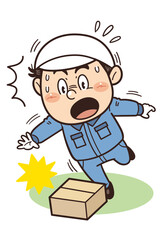 ダンボールや放置物につまずく工場・現場の作業員イラスト｜不安全行動・不安全状態・転倒リスク・労働災害