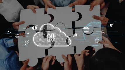 A group of diverse individuals collaboratively connecting puzzle pieces, representing teamwork and strategy in the realm of digital transformation and technology solutions. Raster - Powered by Adobe