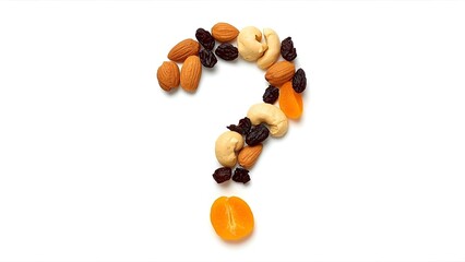 Various dry fruits like almonds, raisins, cashews, and dried apricots arranged and merged together to form a question mark symbol. 