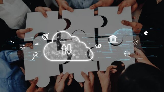 A group of diverse individuals collaboratively connecting puzzle pieces, representing teamwork and strategy in the realm of digital transformation and technology solutions. Raster - Powered by Adobe