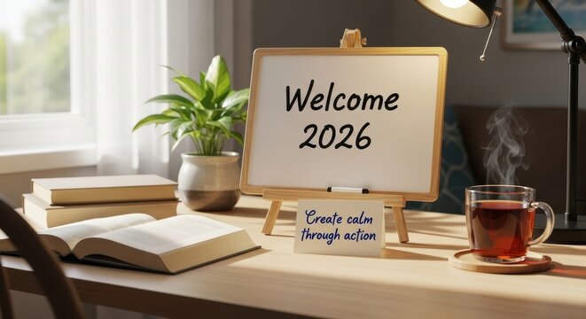 A whiteboard welcoming 2026 with an inspiring message about action