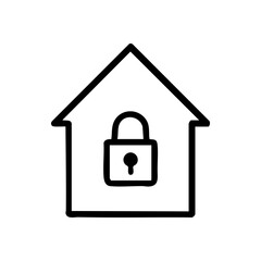 Minimalist line icon of a closed house with a lock and plug, symbolizing home safety before departure.