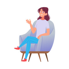 Smiling Happy Young Woman Waving Hand from a Comfortable Armchair