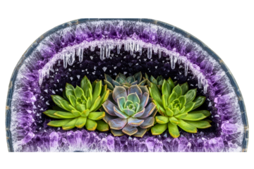 Green succulent plants growing inside a purple amethyst geode isolated on transparent background