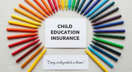 Child education insurance concept with colorful crayons arranged on wooden surface