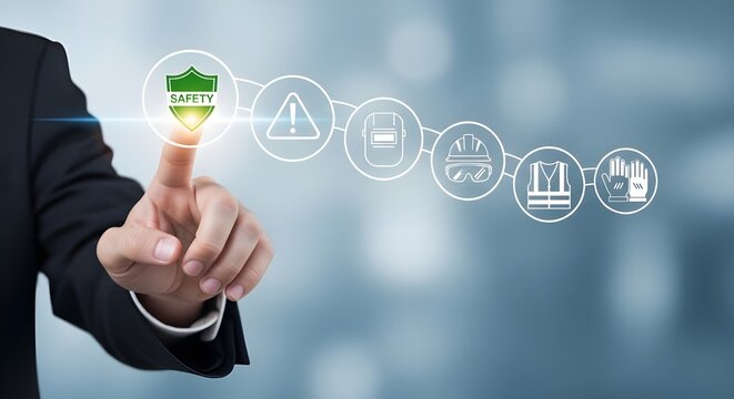 Man touches safety shield icon on virtual screen for protection concept - Powered by Adobe