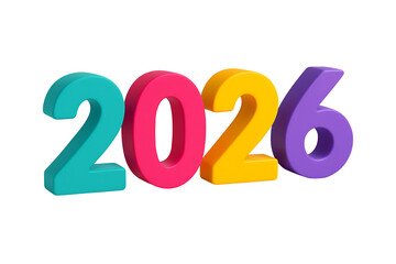 Bold colorful 3D numbers forming 2026 isolated on white background, vibrant glossy typography for New Year celebrations, marketing campaigns and future date concepts
