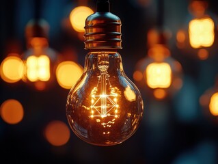 A close up of a vintage light bulb hanging with other bulbs blurred in the background creating bokeh