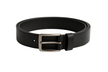 Classic black leather belt with polished silver buckle isolated on white background, minimal studio product shot for menswear, formal attire and casual fashion styling