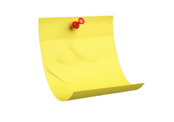 Bright yellow sticky note pinned with red thumbtack isolated on black transparent background