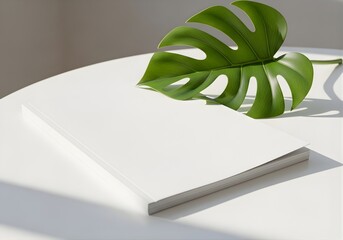 Blank Magazine Mockup on White Desk Beside Green Leaf, Natural Light