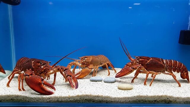 Group of Spiny Lobsters in Aquarium with Blue Background and Sandy Bottom Underwater Crustaceans Decapods Seafood Display at Restaurant Tank Healthy Fresh Ingredient Concept