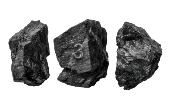 Three rocks, one with number three, on black