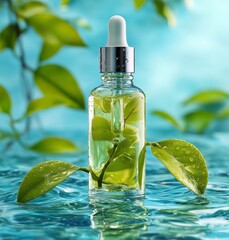 A clear glass bottle of face serum with a white dropper cap stands elegantly amidst fresh green leaves, all set on a serene water surface with gentle ripples. The light blue, aqua-toned background evo