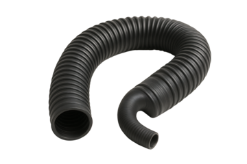 Flexible corrugated black hose tubing isolated on white, industrial conduit for ventilation, drainage, cable protection or vacuum systems