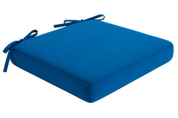 Square blue outdoor chair seat cushion with corner ties isolated on transparent background