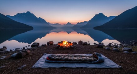 Sleeping bag beside campfire overlooking mountains and a lake