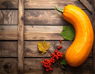 Autumn still life elongated pumpkin, rowan berries, and fallen leaves on wood planks