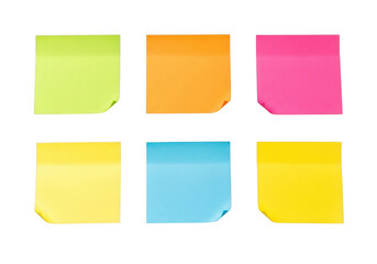 Collection of six colorful sticky notes arranged in two rows for reminders transparent background