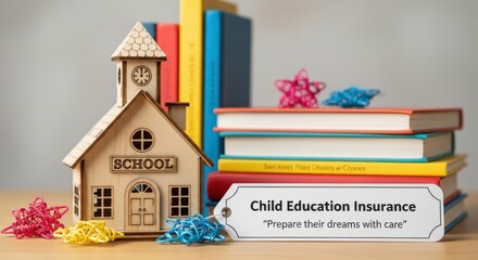 Wooden School Model with Books and Education Tag Closeup
