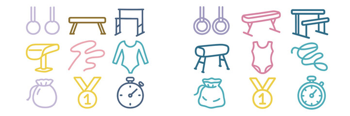 Colorful illustrations of gymnastics equipment and related items for a fun sports theme