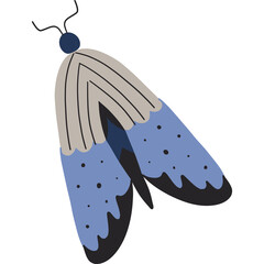 A Whimsical Cartoon Moth Illustration with Blue and Grey Wings and Antennae on a Transparent Background