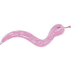A whimsical pink snake illustration with closed eyes and a red tongue sticking out rendered in a playful children's drawing style isolated on a clean white background